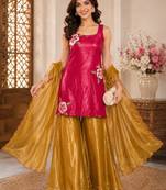 Rani pink hand painted fendy silk blend kurta palazzo set with dupatta