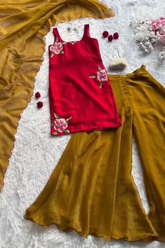 Rani pink hand painted fendy silk blend kurta palazzo set with dupatta