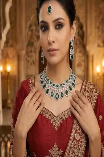 emerald green kundan necklace set with maang tika, earrings | royal zircon bridal jewellery