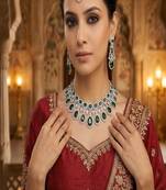 emerald green kundan necklace set with maang tika, earrings  royal zircon bridal jewellery