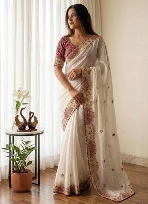 White Color Beautiful Aplic work with sequins and thread Embroidery Work Silk blend saree 1
