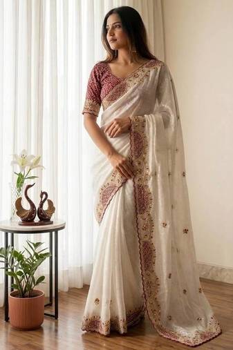 White Color Beautiful Aplic work with sequins and thread Embroidery Work Silk blend saree