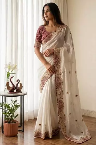 White Color Beautiful Aplic work with sequins and thread Embroidery Work Silk blend saree