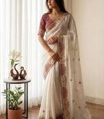 White Color Beautiful Aplic work with sequins and thread Embroidery Work Silk blend saree