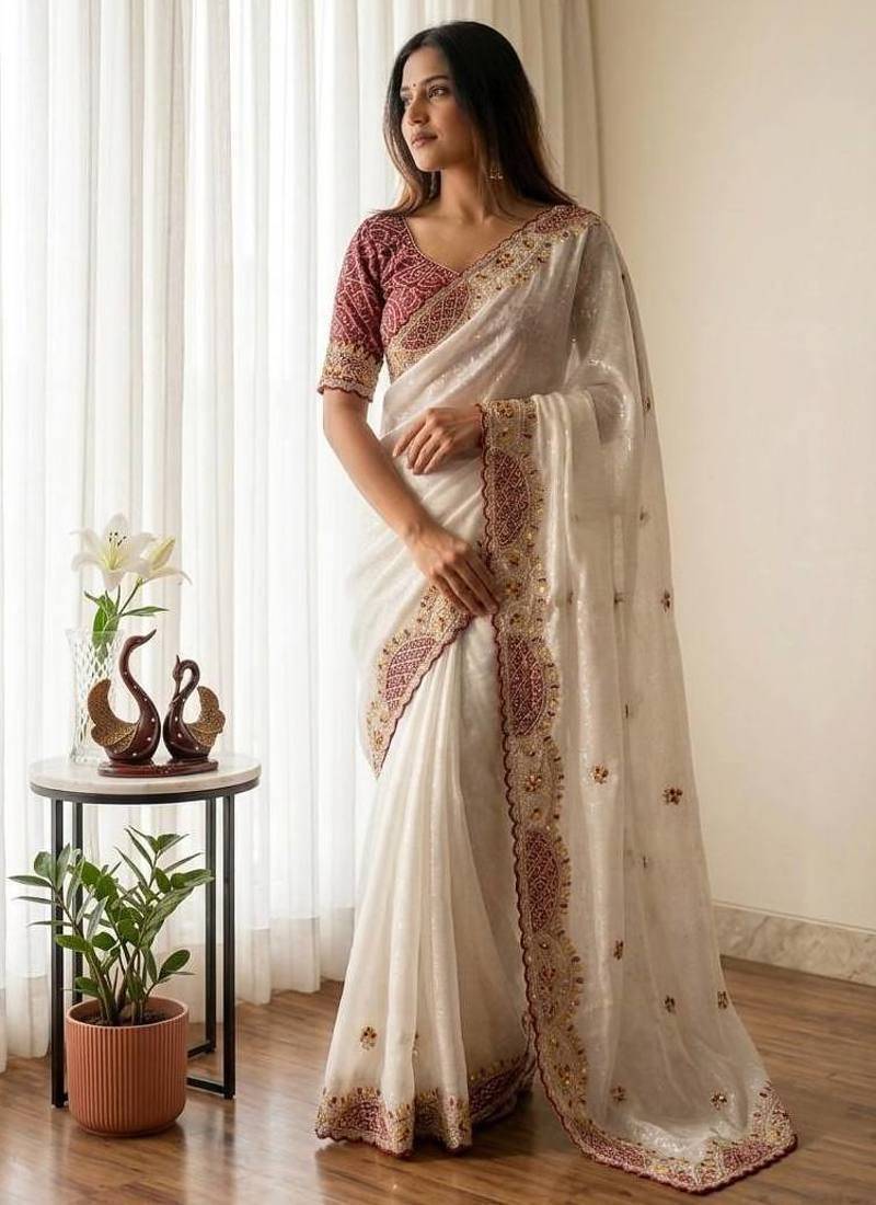 White Color Beautiful Aplic work with sequins and thread Embroidery Work Silk blend saree