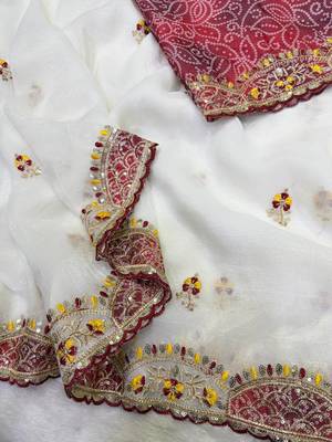 White Color Beautiful Aplic work with sequins and thread Embroidery Work Silk blend saree 2