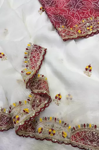 White Color Beautiful Aplic work with sequins and thread Embroidery Work Silk blend saree