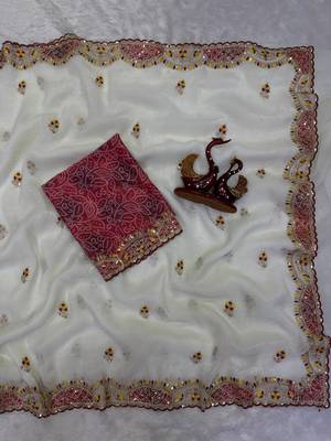 White Color Beautiful Aplic work with sequins and thread Embroidery Work Silk blend saree 3
