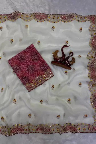 White Color Beautiful Aplic work with sequins and thread Embroidery Work Silk blend saree