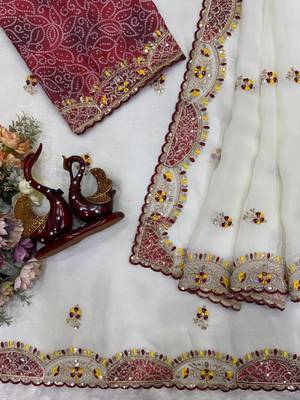 White Color Beautiful Aplic work with sequins and thread Embroidery Work Silk blend saree 4