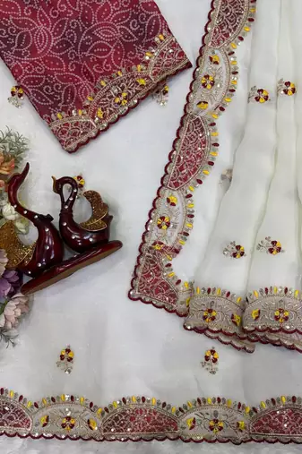 White Color Beautiful Aplic work with sequins and thread Embroidery Work Silk blend saree