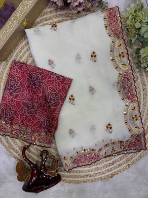 White Color Beautiful Aplic work with sequins and thread Embroidery Work Silk blend saree 5