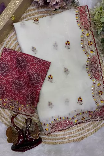 White Color Beautiful Aplic work with sequins and thread Embroidery Work Silk blend saree