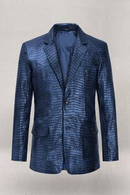 Men's matalic blue lambskin leather coat double-vented & sophisticated drape. 1