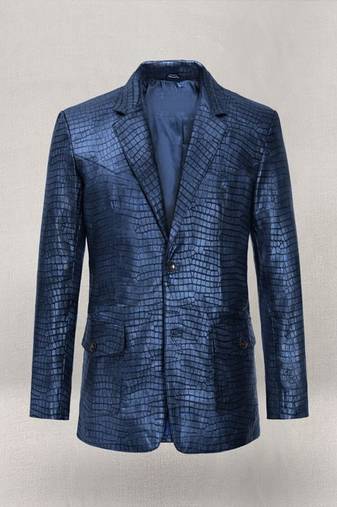 Men's matalic blue lambskin leather coat double-vented & sophisticated drape.