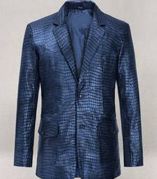 Men's matalic blue lambskin leather coat double-vented & sophisticated drape.
