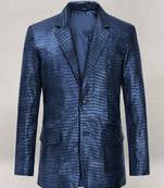 Men's matalic blue lambskin leather coat double-vented & sophisticated drape.