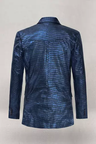 Men's matalic blue lambskin leather coat double-vented & sophisticated drape.