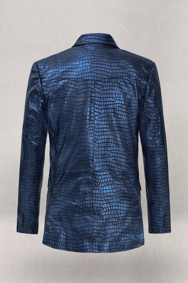 Men's matalic blue lambskin leather coat double-vented & sophisticated drape.