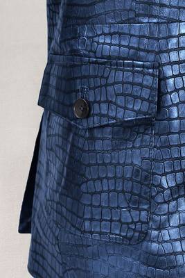 Men's matalic blue lambskin leather coat double-vented & sophisticated drape. 3
