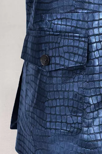 Men's matalic blue lambskin leather coat double-vented & sophisticated drape.