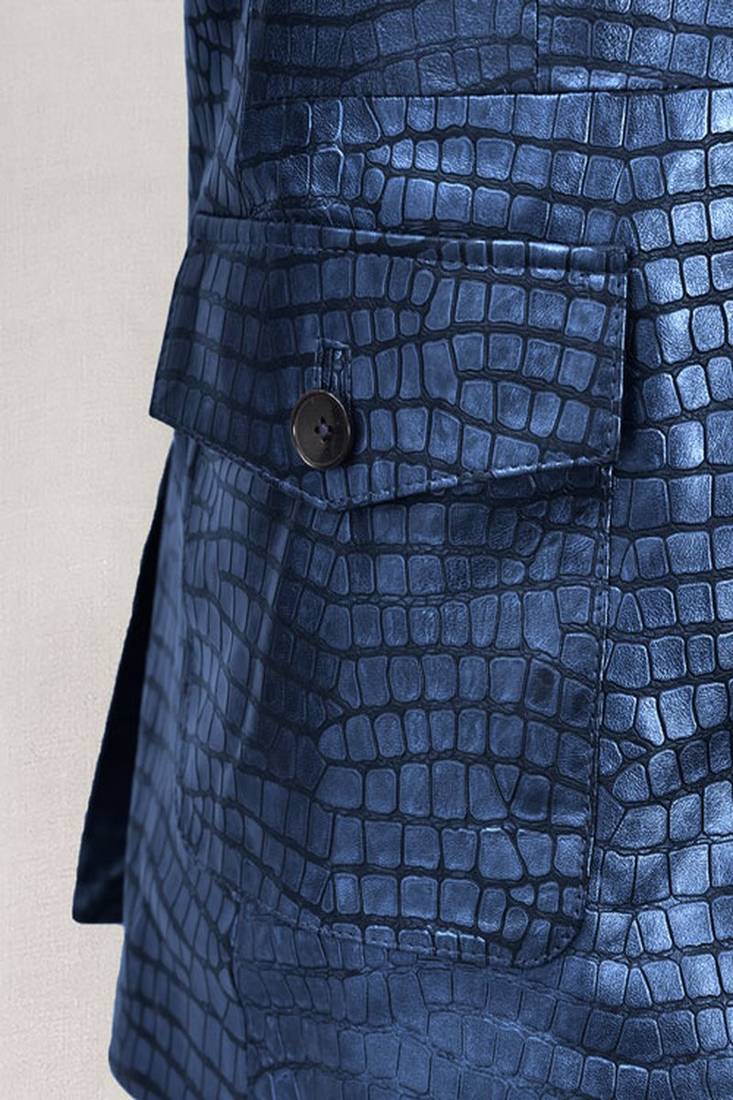 Men's matalic blue lambskin leather coat double-vented & sophisticated drape.