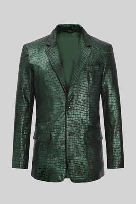 Men's matalic green lambskin leather coat double-vented & sophisticated drape. 1