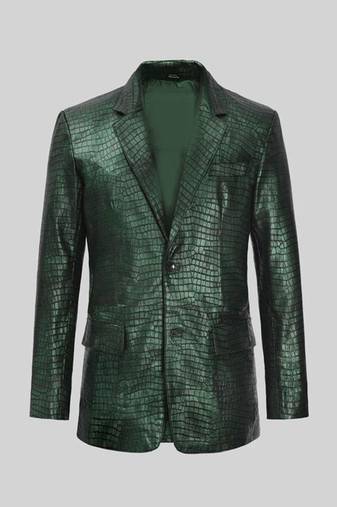 Men's matalic green lambskin leather coat double-vented & sophisticated drape.
