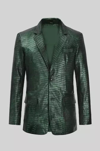 Men's matalic green lambskin leather coat double-vented & sophisticated drape.