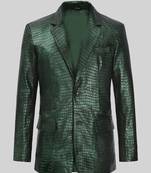 Men's matalic green lambskin leather coat double-vented & sophisticated drape.