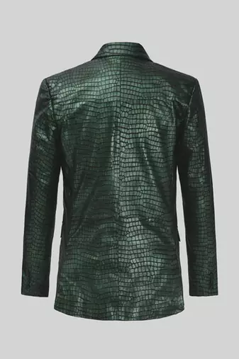 Men's matalic green lambskin leather coat double-vented & sophisticated drape.