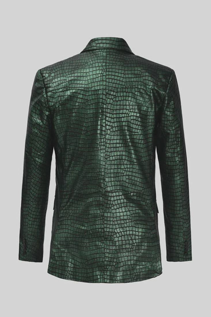 Men's matalic green lambskin leather coat double-vented & sophisticated drape.
