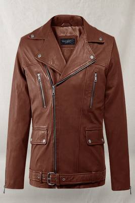 Men's brown  lambskin leather jacket multiple zipper & waist belt detail 1