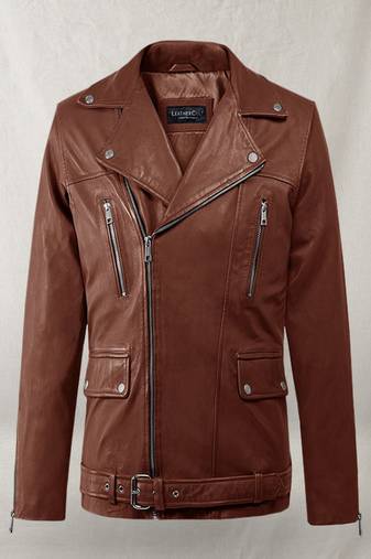 Men's brown  lambskin leather jacket multiple zipper & waist belt detail