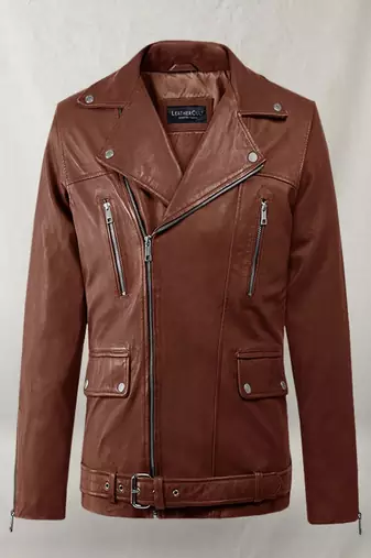 Men's brown  lambskin leather jacket multiple zipper & waist belt detail