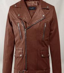 Men's brown  lambskin leather jacket multiple zipper & waist belt detail