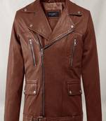 Men's brown  lambskin leather jacket multiple zipper & waist belt detail