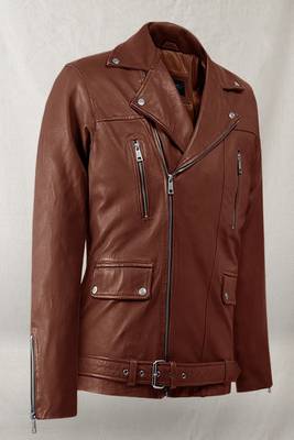 Men's brown  lambskin leather jacket multiple zipper & waist belt detail 2