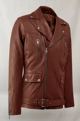Men's brown  lambskin leather jacket multiple zipper & waist belt detail