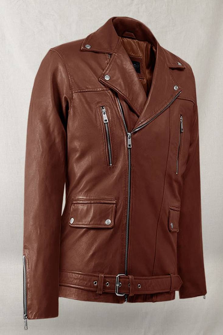 Men's brown  lambskin leather jacket multiple zipper & waist belt detail