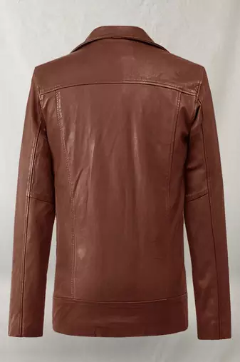 Men's brown  lambskin leather jacket multiple zipper & waist belt detail