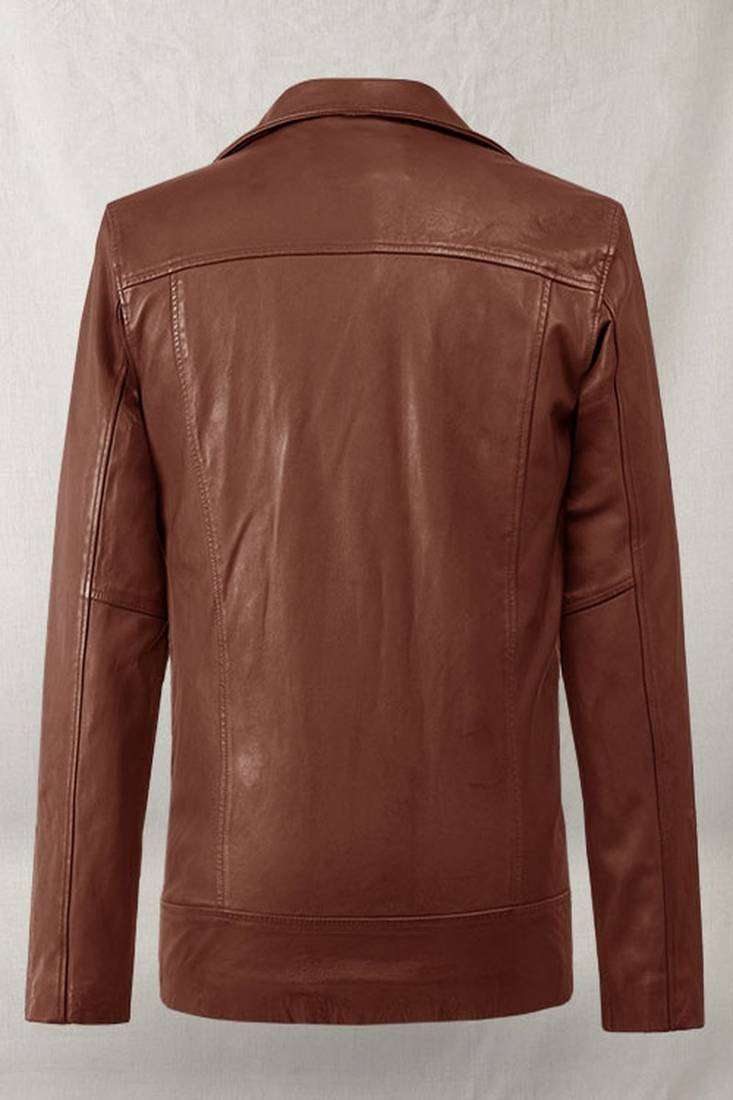 Men's brown  lambskin leather jacket multiple zipper & waist belt detail