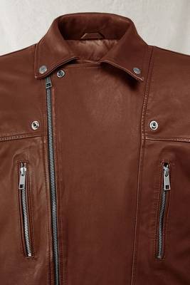 Men's brown  lambskin leather jacket multiple zipper & waist belt detail 4