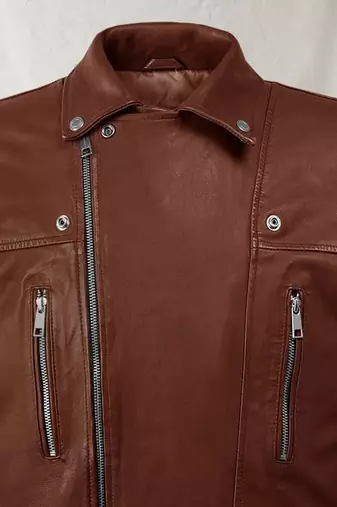 Men's brown  lambskin leather jacket multiple zipper & waist belt detail
