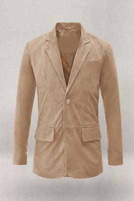 Men's tan beige lambskin leather suede  coat flap pockets & flap pockets   detail 1