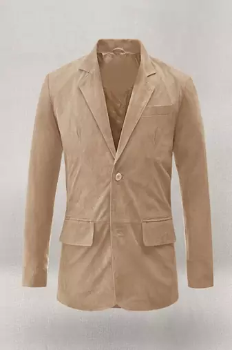 Men's tan beige lambskin leather suede  coat flap pockets & flap pockets   detail