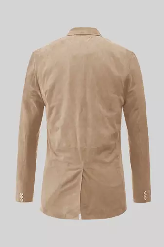 Men's tan beige lambskin leather suede  coat flap pockets & flap pockets   detail