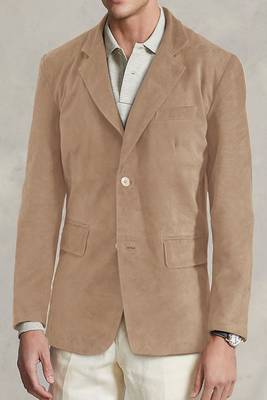 Men's tan beige lambskin leather suede  coat flap pockets & flap pockets   detail 3