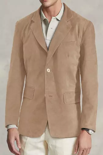Men's tan beige lambskin leather suede  coat flap pockets & flap pockets   detail