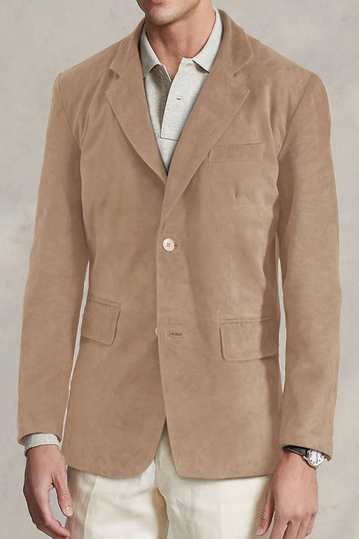 Men's tan beige lambskin leather suede  coat flap pockets & flap pockets   detail